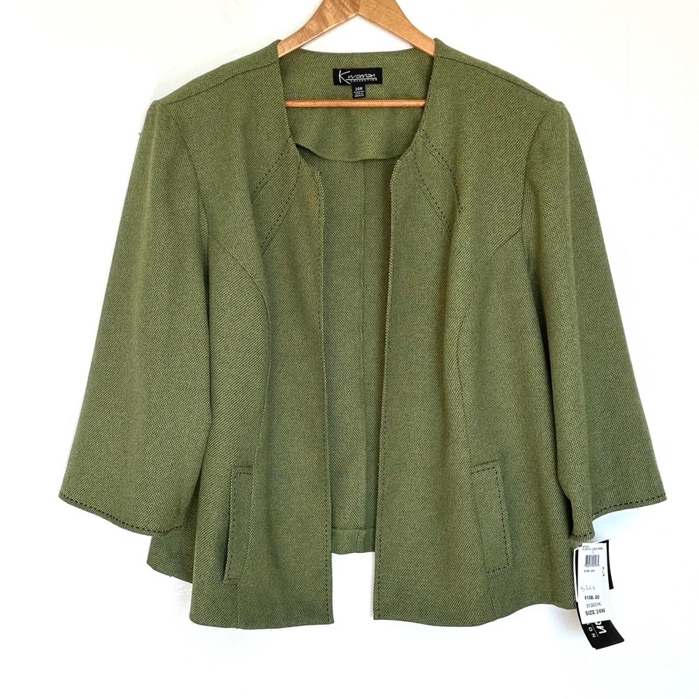 NWT Kwoman Women’s Blazer Size 24W Green Open Front 3/4 Sleeve Pockets Jacket
